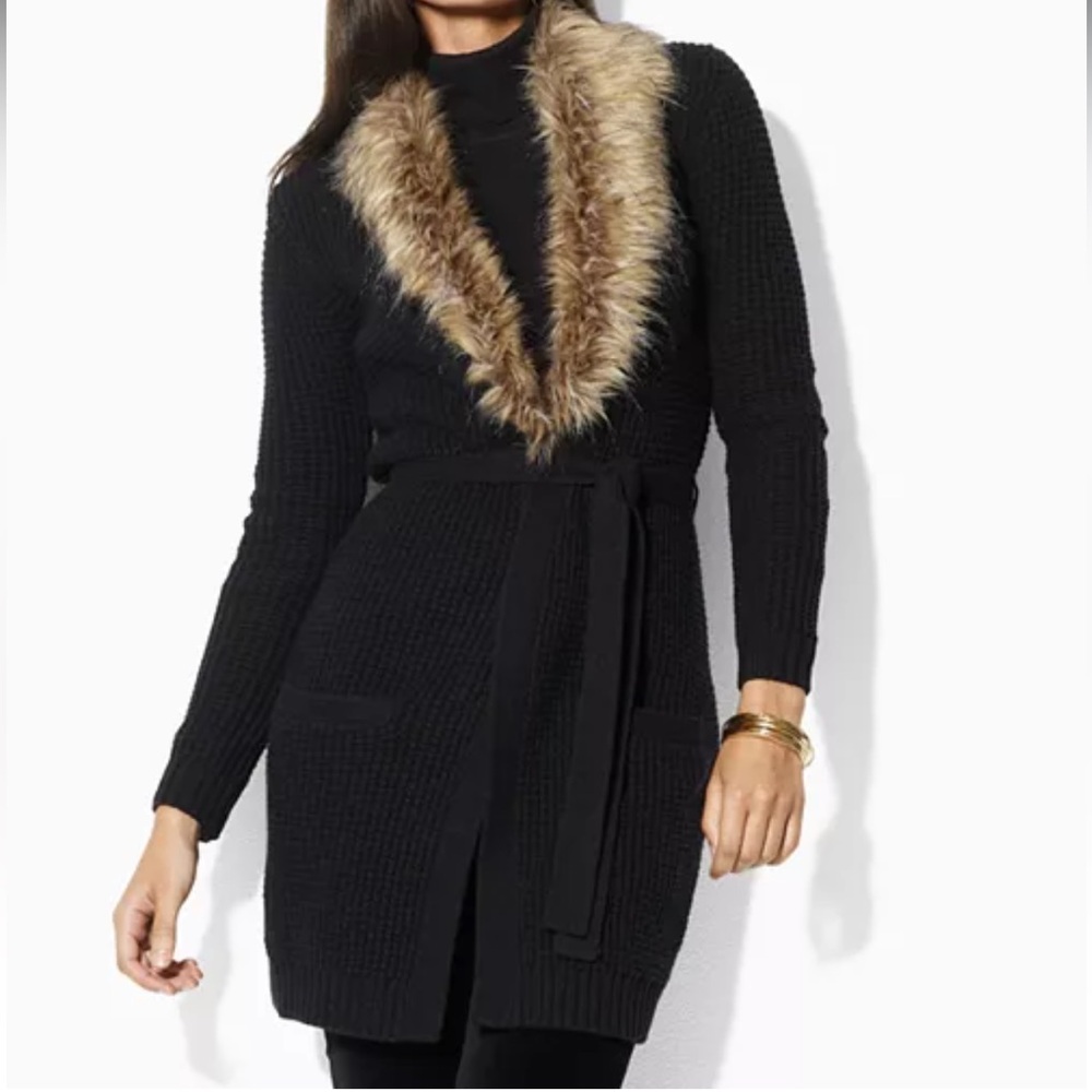 Y2K Juicy Couture Belted Black Cardigan With Removable Faux Fur Collar